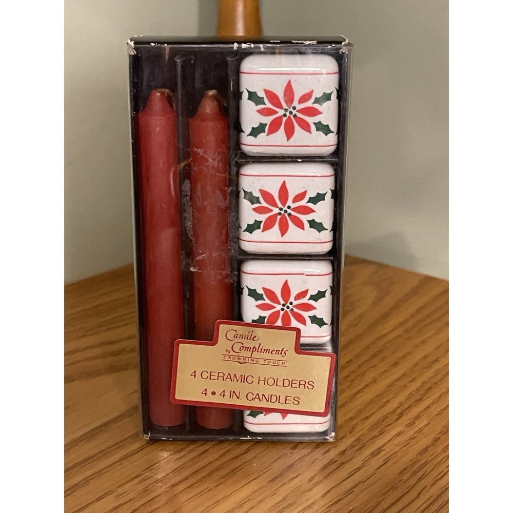Candle‎ Compliments by Crowning Touch 4 Ceramic Holders & Red 4" Candles